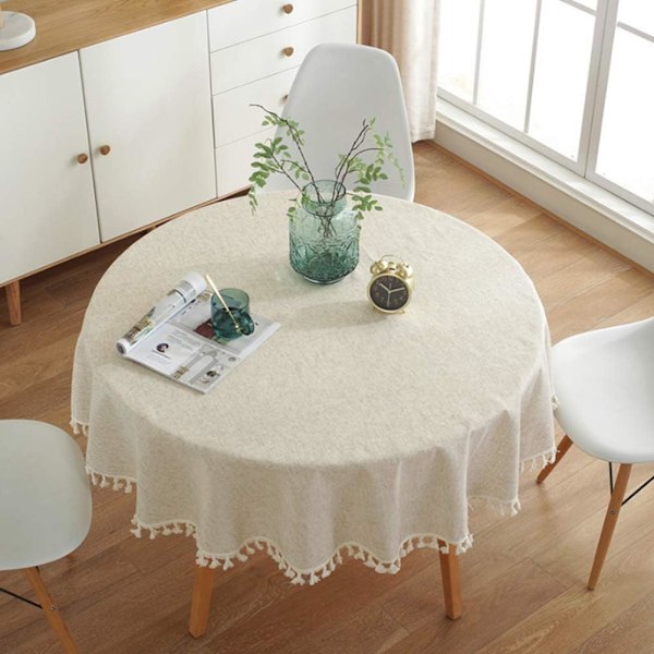 Rund bordsduk enfärgad bordsduk med tofsar enkel bordsduk beige 100CM