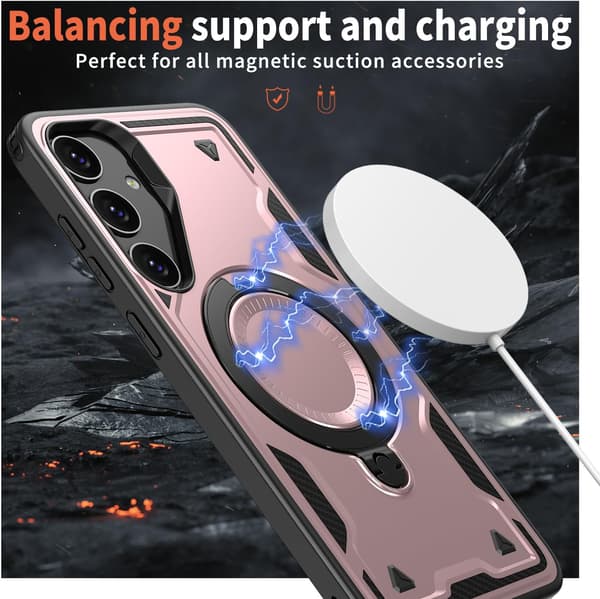 Samsung Galaxy A56 Armor Case, 360° Metallringstöd, Magnetisk Stötsäker Airbag Bumper, Militärklassad Roséguld