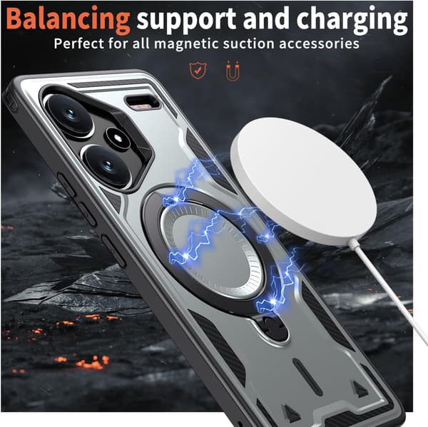 Xiaomi Redmi Note 13 Pro Plus 5G Armor Case, 360 Metallring Støtteben Magnetisk Støtsikker Airbag Bumper Deksel Grå