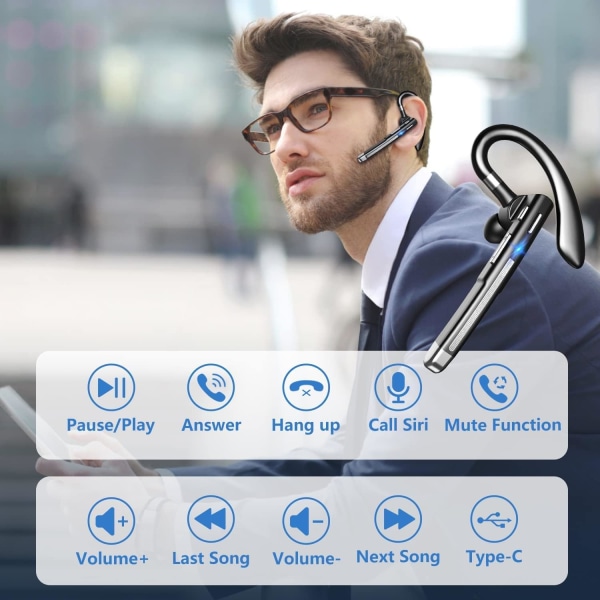 Bluetooth kuulokkeet, langattomat Bluetooth handsfree-kuulokkeet melua vaimentavalla mikrofonilla, yhteensopiva iPhonen, Android-puhelimien kanssa