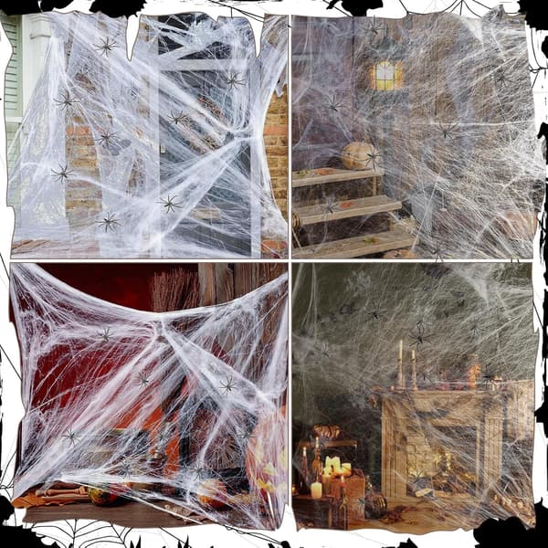 Halloween Spindelvæv 300g strækbart spindelvæv med 60 små sorte edderkopper til fester