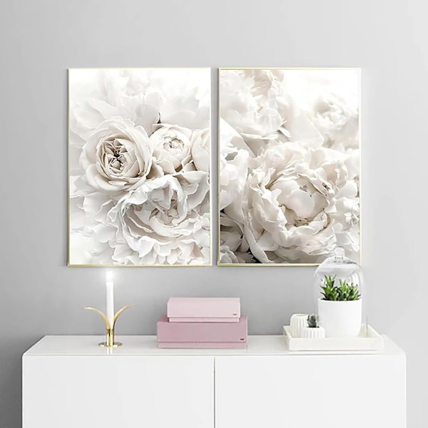 Sæt med 3 premium plakater hvide blomster, stue dekoration, uden ramme 30x40cm