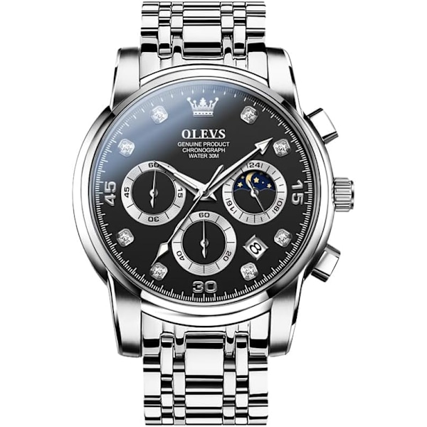 OLEVS Herre Chronograph Klokke, Vanntett Multifunksjonsurskive med Dato Diamantklokker for Menn Black Dial/Silver Band
