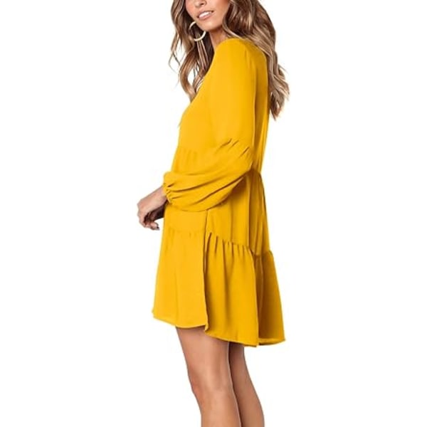 Kvinners sommertunika kjole V-hals tilfeldig løs flytende swing shift kjoler Yellow XXL