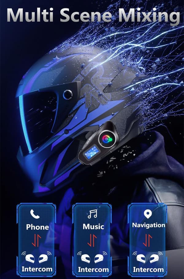 Motorcykelhjelm Intercom 500M, Bluetooth Motorcykel Headset, IP65 Intercom Kommunikationssystem med Atmosfærisk Lys, 1000mAh