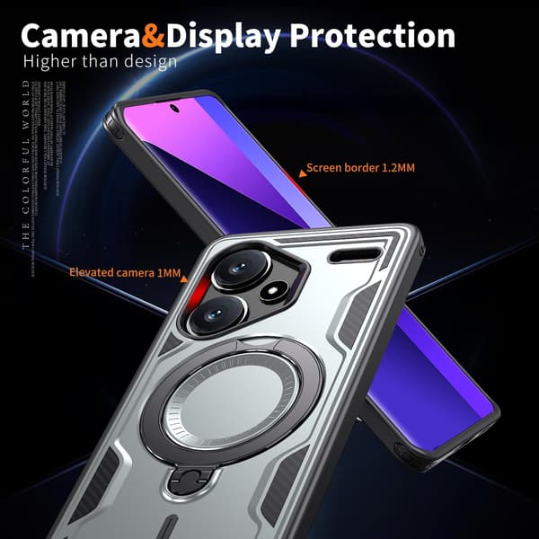 Xiaomi Redmi Note 13 Pro Plus 5G Armor Case, 360 Metallring Støtteben Magnetisk Støtsikker Airbag Bumper Deksel Grå