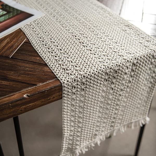 Boho Beige Macrame Bordlöpare med fransar, Bohemisk vävd bomullsvirkad spets, Rustik Heminredning (Beige, 30x180cm)