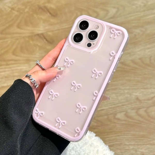 Skal för iPhone 16 PROMAX, Genomskinligt Sött Band Rosett Mönster Estetiskt Transparent Mobilskal Upphöjt Kameraskydd för Tjejer - Rosa iPhone 16PROMAX