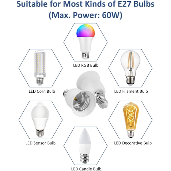 E14 till E27 Lampfäste Adapter, E14 till E27 Glödlampa Adapter, Passar för E27 Glödlampor, LED-lampor, Glödlampor, Halogenlampor, 2 st