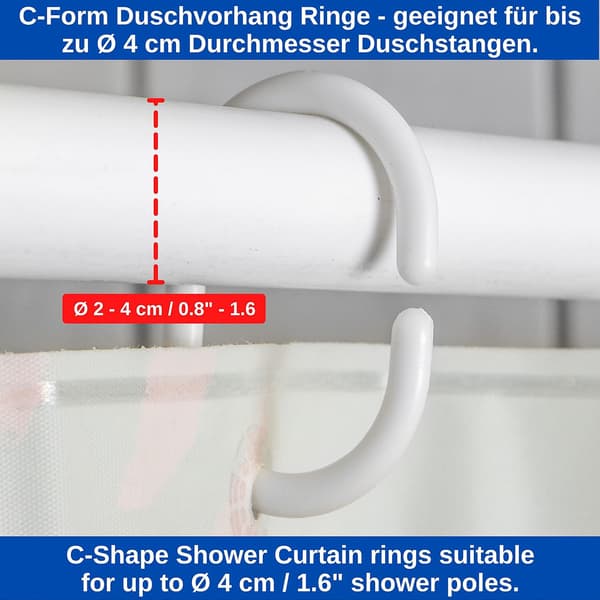 Vita Duschdraperiringar, 12-pack, Diameter 4,6 X 2,9 cm, För Duschdraperistänger, Tunga Duschdraperiringar i Plast, Duschdraperier