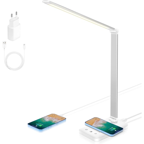 LED-skrivebordslampe, dimbar bordlampe 7,5 W trådløs lading og USB-ladeport leselampe for øyebeskyttelse, 5 lysstyrkenivåer, 5 farger lampe