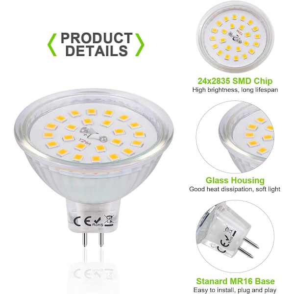 MR16 LED-spotlyspærer GU5.3-sokkel Varmhvit 2700K, 3,8W tilsvarende 40W halogen, LED-spot GU5.3 12V ikke-dimbar 430 lumen MR16 LED-lampe, 6 stk.