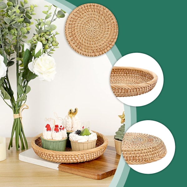 Rund Rattan Vevd Serveringsbrett 19cm Kaffebord Dekorativt Displaybrett Stue Skrivebord Organiseringsbrett for Parfyme, Lys