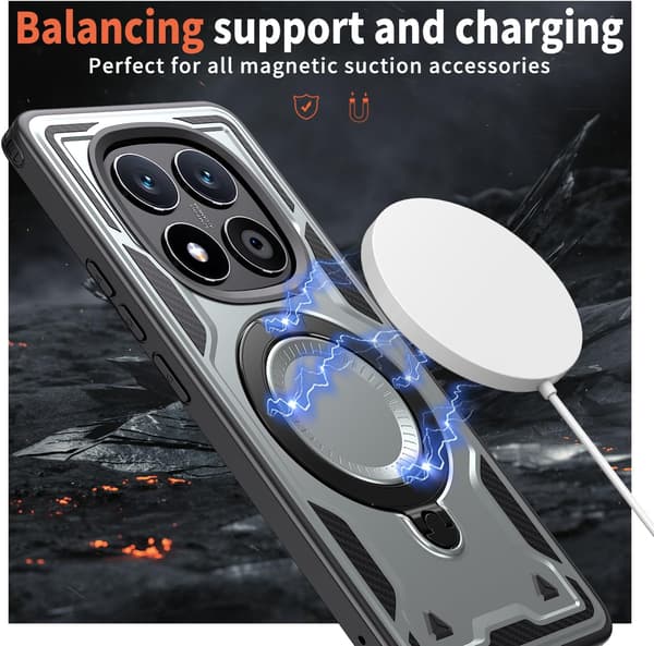 Xiaomi Redmi Note 14 Pro/Plus 5G Pansarfodral, 360 Metallring Kickstand Magnetisk Stötsäker Airbag Bumper Skal Grå