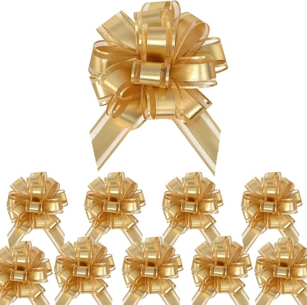 10-pack guld-dragrosetter, 10 cm presentrosetter för inslagning, korgar, bröllop, födelsedagsfester och blomsterdekorationer