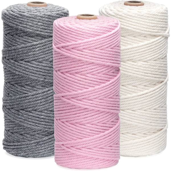 3 Rullar Macrame-snöre 3mmx100m, DIY-Snöre i Bomull för Väggbonader, Växtupphängningar, Hantverk, Stickning, Dekorativa Projekt Light gray + light pink + beige