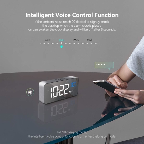 Digitalt vækkeur med stort LED-temperaturskærm, bærbart spejlur med dobbelt alarm, snooze-tid og 4 niveauer justerbar lysstyrke Silver