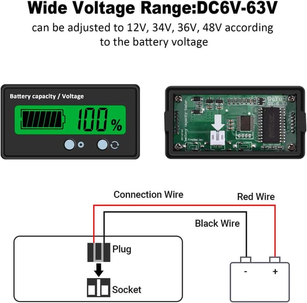 DC-batterimätare, digital batterispänningskapacitetsprocentmonitor testare DC-batteriläsare 8-63V
