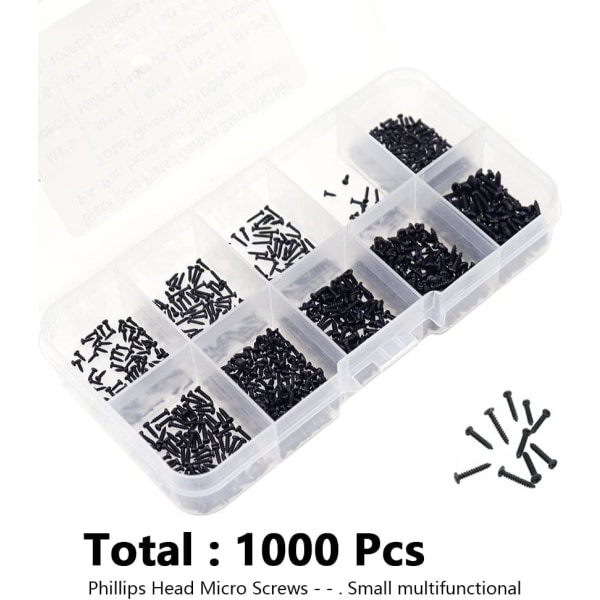 1000 stk Mini Rundhode Selvgjengende Phillips Treskruer M1 M1.2 M1.4 M1.7 Krysshode Treskruer, med Plastboks