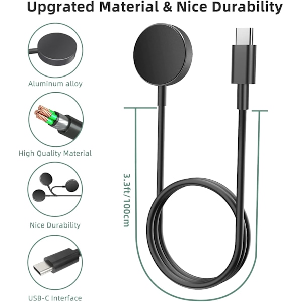 Opgraderet Aluminium Legering Etui Oplader Kompatibel med Samsung Galaxy Watch 6 Classicc/6/5/5 Pro Oplader -3.3FT/1M