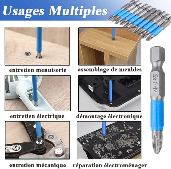 10 stk. Anti-Slip Impact Skruetrækkerbitsæt, 50mm Magnetisk PH2 Phillips Hoved Skruetrækkerbit, Hex Skaft Bitsæt