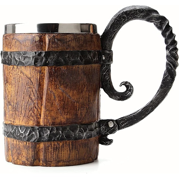 Otartu Vintage Ølkrush i Faux Eg, Middelalder Retro Viking Rustfrit Stål Kaffekop Stein Tankard, 17oz/500ML Krus
