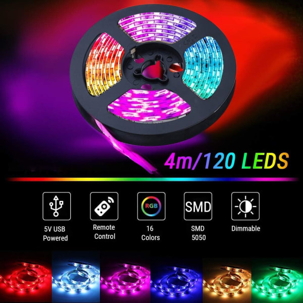 4M LED-band, 120 lysdioder och 16 RGB-neonfärger USB-ljuslist, 24-tangenters fjärrkontroll 4 dynamiska lägen