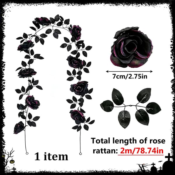 2m Sort Kunstig Rosenguirlande Halloween Dekoration