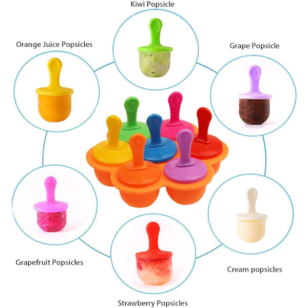 Ispindeforme til børn, Ispindeforme silikone, 7 hulrum Popsicleform med plastikpinde, Madfrysebakker