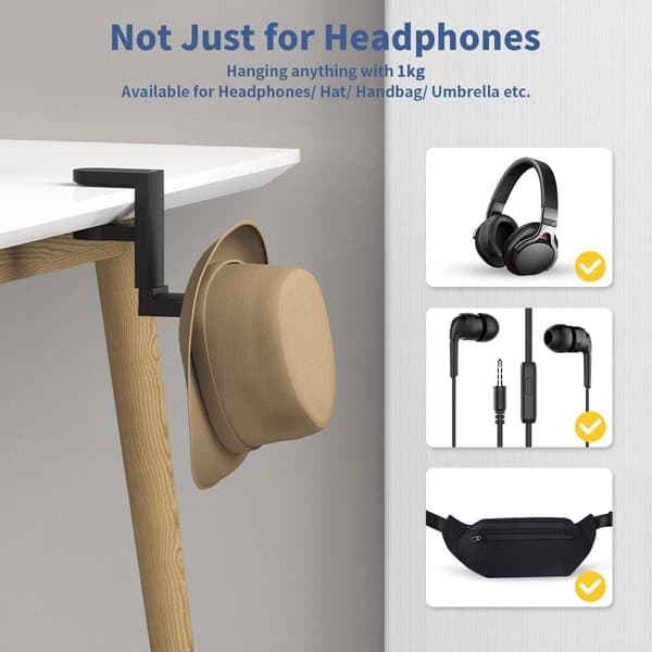 Hovedtelefonholder med 360° drejelig krog + kabelklemme, gaming headset holder til montering under bord til Sony, Beats, HyperX