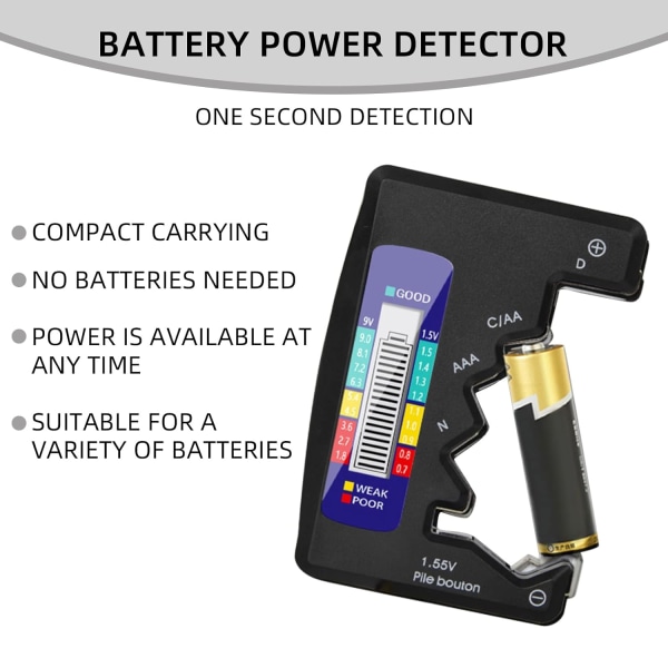 Digitaalinen akkutesti, universaali LCD-akkutesti AAA/AA/C/D 1.5V-9V nappiparistoille