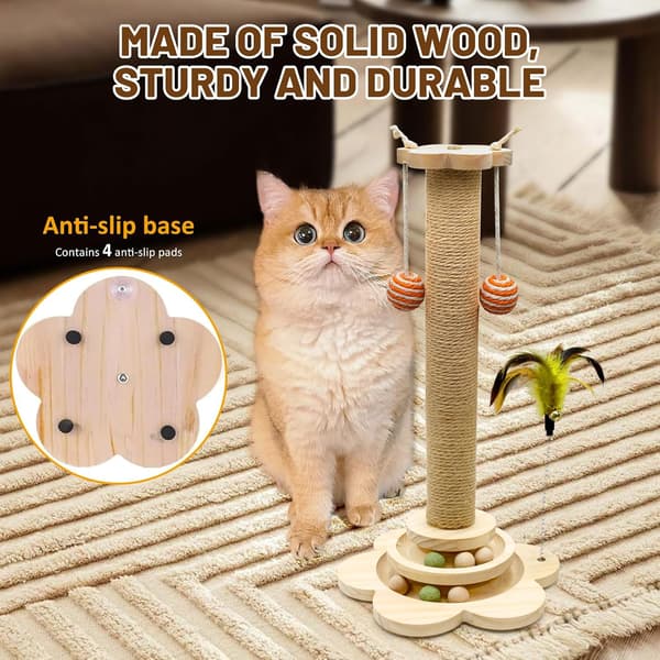 Kradsetræ til katte med naturlig sisal, solid træbase mod væltning og interaktivt legetøj til indendørs killinger og store katte