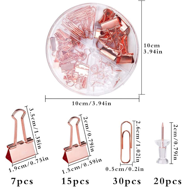 72-delars kontorsmaterialset, inklusive 22 st bindeklipp/30 st gem/20 st knappnålar, skolbordstillbehör med låda Rose Gold