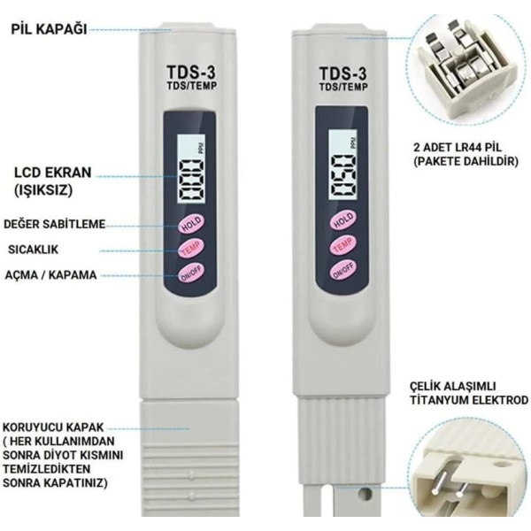 Bärbar digital LCD TDS-3 dricksvattenmätare, temperatur- och PPM-vattenrenhetstestare, 0-9990 PPM vattenhydroponik (testar inte PH)