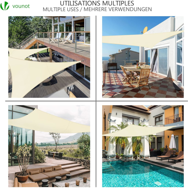 Vandtæt trekant solsejl UV-beskyttelse 95% i modstandsdygtig og åndbar polyester til have terrasse med 5m reb beige