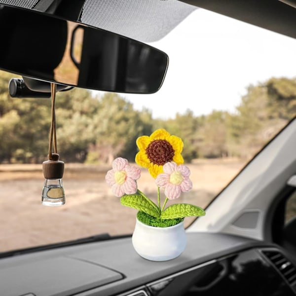 2 Pak Hæklede Potteplanter Strikkede Hæklede Blomster Små Strikkede Blomster i Potte med Plastik Blomsterpotte Hæklet Blomst style 2