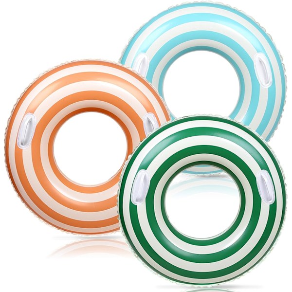 3 st poolring med handtag retro orange grön blå randig simbassäng ringar uppblåsbara flytande solstolar rör