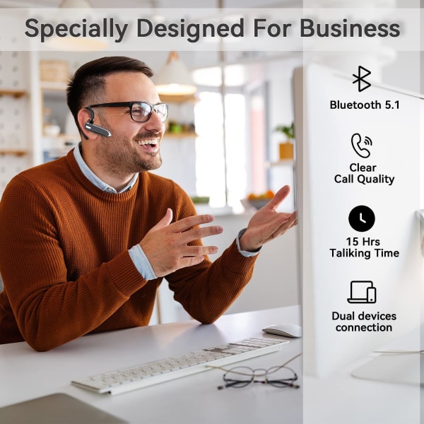 Bluetooth trådlös hörlur med handsfree-funktion, USB-C-laddning, vattentät hörlur för körning/kontor med Android/iOS, bärbar dator