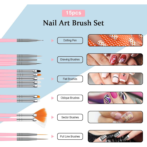 Nagelkonst Penslar Set, 15st Akryl Nagelborste Målarpenna och 5st Nagel Dotting Verktyg, Nagelpenna Designer Nagelkonst Målningskit