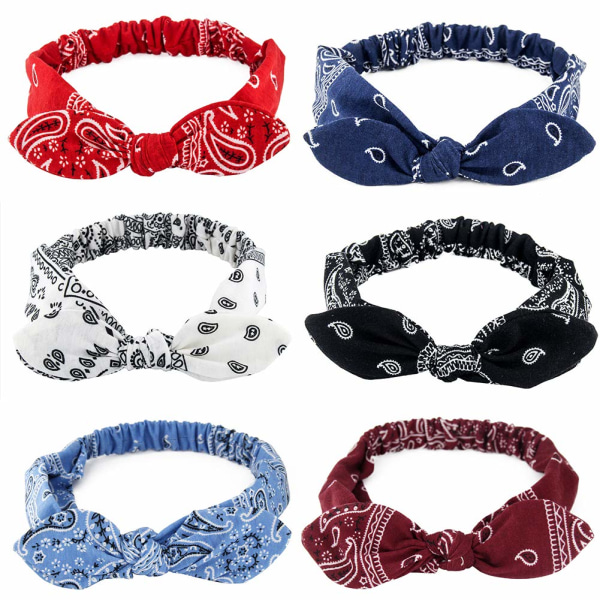 6-pack elastiska Paisley Bandana Knot Pannband Kanin Öron Rosett Huvudinpackningar Hårband för kvinnor Flickor