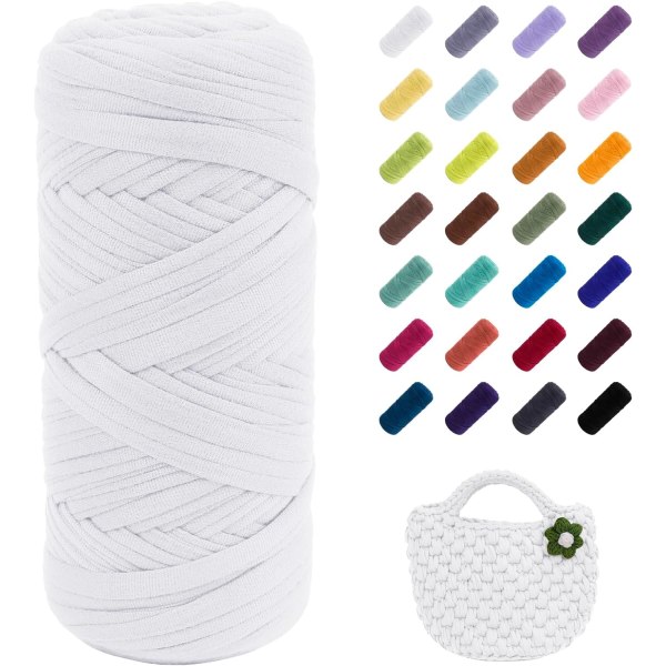 400 g elastisk stof Strik T-shirt garn, tykt hæklet garn, til hækling af tasker/kurve/tæpper, gør-det-selv-håndværk White