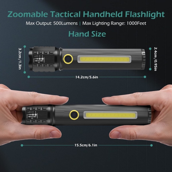 Taktisk LED lommelygte, 2 stk. bærbar lommelygte 3 tilstande, justerbar og zoomable lyse lommelygter, genopladelig lommelygte til nødsituationer, 14 cm sort