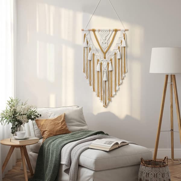 Macrame vävd väggbonad Boho geometrisk vävd gobeläng Beige & Gul Bomull Handgjord bohemisk konstdekor
