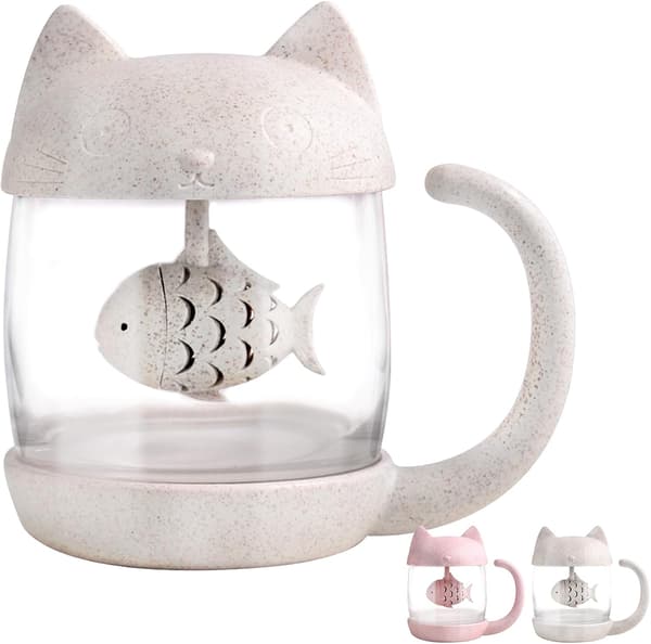 Kattformad tekopp i glas, vattenflaska med fiskformat tefilter, lösbladste sil 250ML