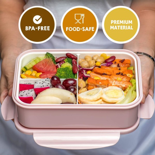 Lunchboks med skje og gaffel, holdbar perfekt størrelse for måltider på farten, BPA-fri og matsikre materialer pink