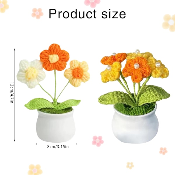 2 Pak Hæklede Potteplanter Strikkede Hæklede Blomster Små Strikkede Blomster i Potte med Plastik Blomsterpotte Hæklet Blomst style 1