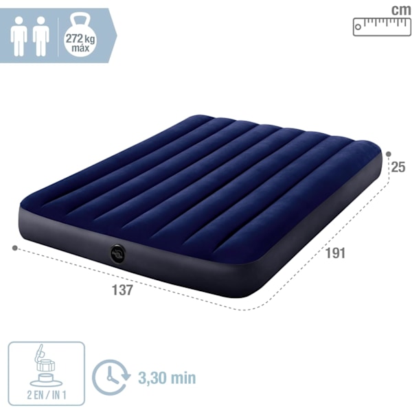 Uppblåsbar Downy AirBed madrass med vattentät flockad yta och Dura-Beam inre struktur, lämplig luftmadrass för resor, Dubbel Double