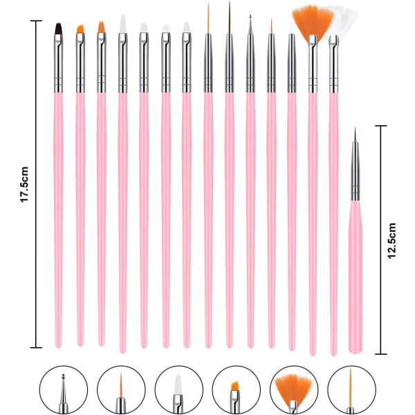 Kynsien koristelutarvikesarja, 15 kpl akryylikynsien siveltimen maalauskynää ja 5 kpl kynsien pistetyökalua