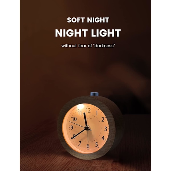 aboveClock Väckarklocka Sängbord, Tickfri Sängklocka med Snooze och Nattlampa Funktion, Analog Klocka Batteridriven