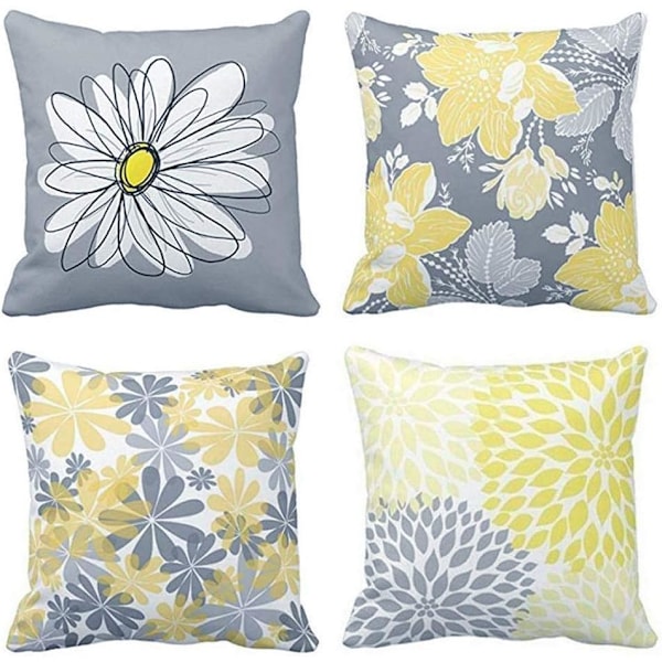 Dekorative Putetrekk Grå og Gule Blomster Pynteputetrekk Myk Polyester Firkantet Putetrekk (18x18'') Sett med 4